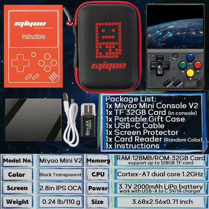 Miyoo Mini V2 Handheld Retro Game Console Transparent Black.