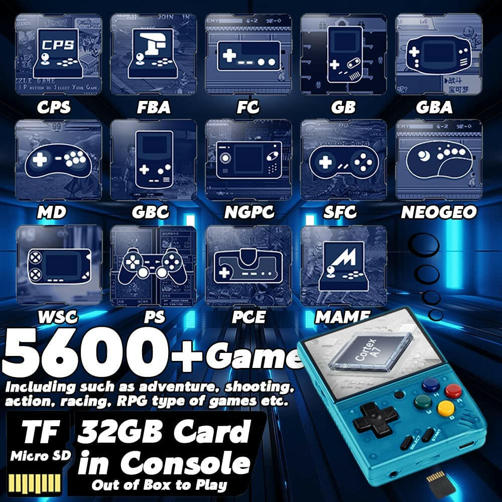 Miyoo Mini V2 Handheld Retro Game Console Transparent Blue.