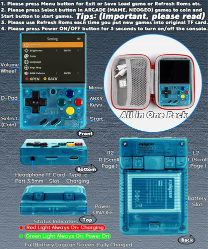 Miyoo Mini V2 Handheld Retro Game Console Transparent Blue.